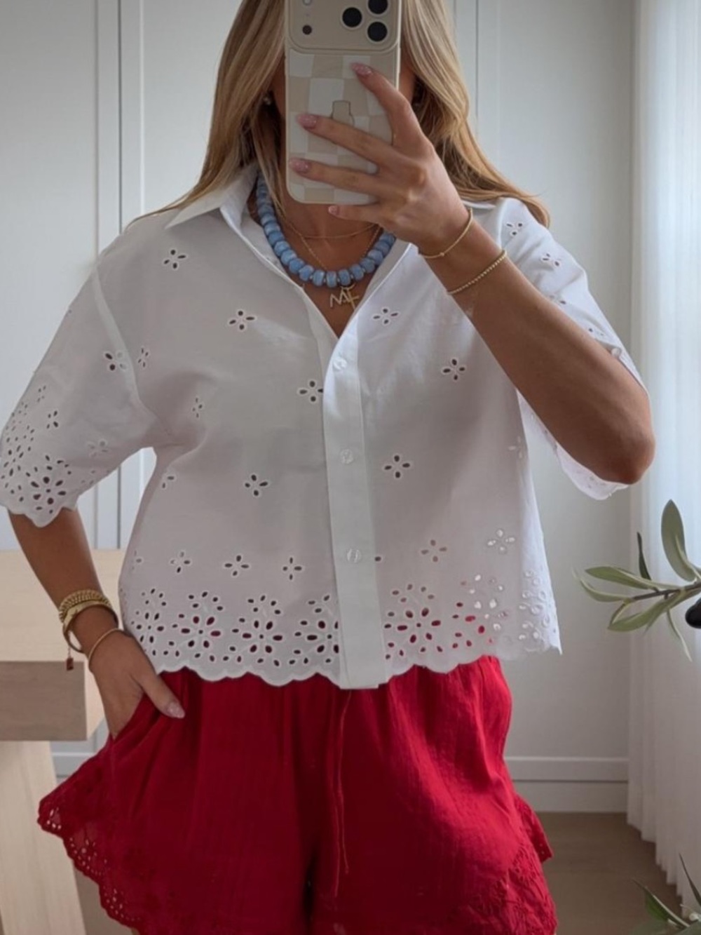 Women’s White Eyelet Button-Front Cotton Top